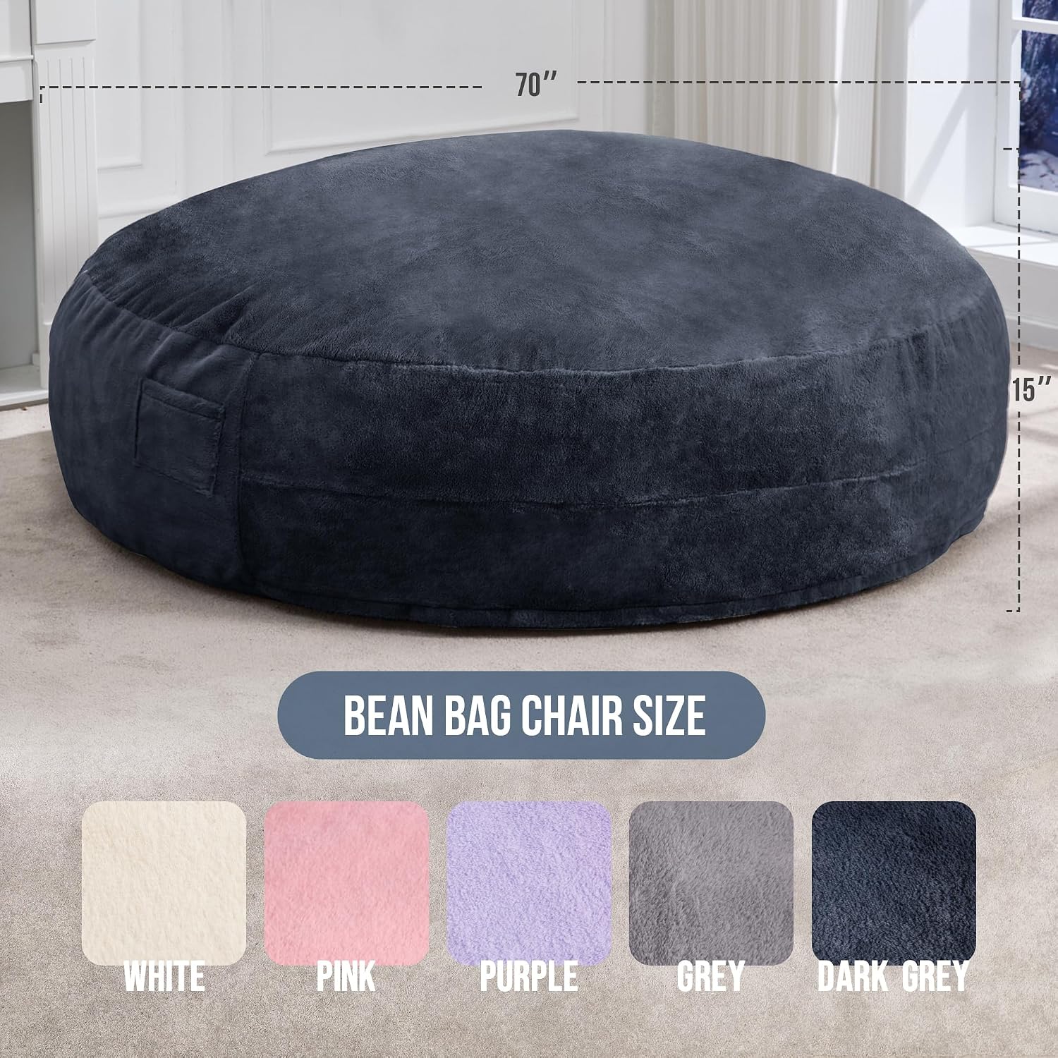 Hobestluk 6ft Bean Bag Chairs for Adults Large Beanbag Chair with Plush Faux Fur Cover Big Bean Bag Chair for Living Room Bedroom Dorm Office - Dark Grey (70' x 70' x 15')