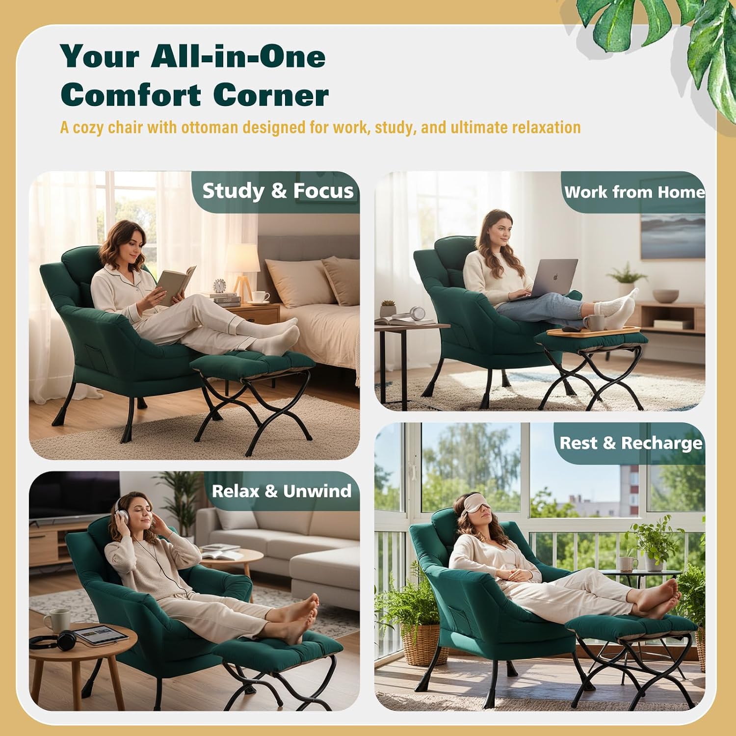 Lazy Chair with Ottoman, Large Accent Chair with Ottoman and a Throw Pillow, Dark Green Reading Chair for Living Room Bedroom Dorm Room Office Apartment Relaxing Use