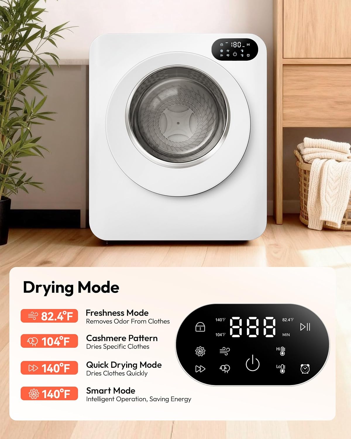 Euhomy 1.5 Cu.Ft Portable Dryer, 850W Clothes Dryer with Stainless Steel Drum, 4 Functions, LED Control Panel, 120V Portable Dryers for Laundry, Suitable for Apartments, Dorm, RVs, White