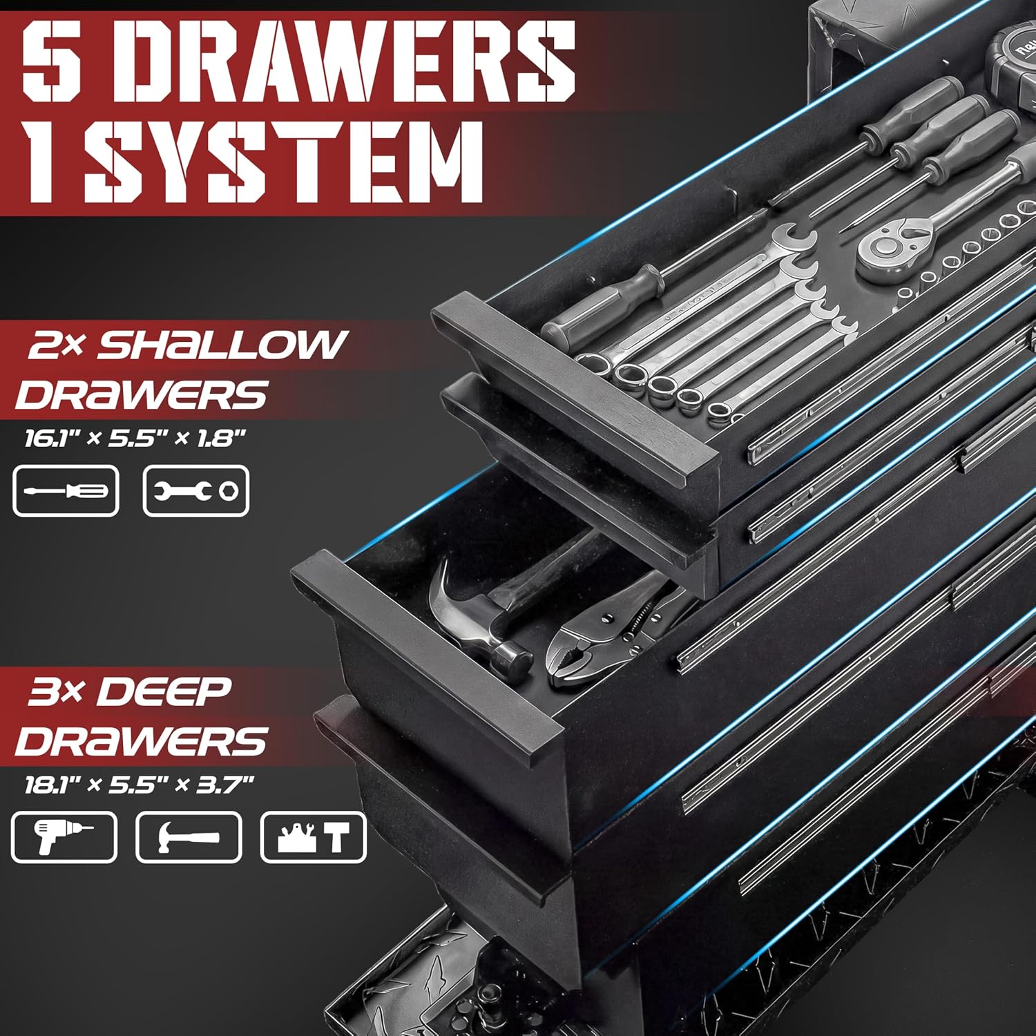 Truck Bed Tool Box with 5-Drawer Slides | Lockable Heavy-Duty Tool Chest Storage for Pickup, Jobsite & Side Trucks | 8-Inch Toolbox with Key (Black Aluminum - T Handle)