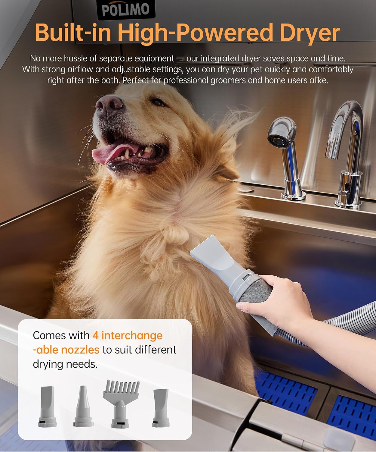 POLIMO Dog Washing Station with Built-in Pet Dryer and LED Display 50' (Right Ramp), 304 Stainless Steel Dog Bathtub for Large Medium Small Dogs, Wash and Dry Grooming Tub with Faucet, Storage Drawer