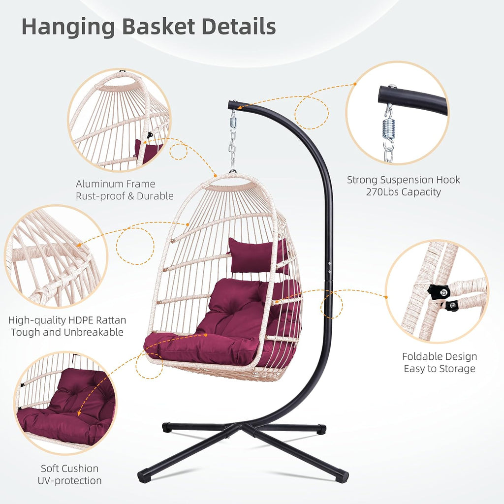 KEIKI Egg Chair with Stand & Cushion, Foldable Rattan Hanging Basket Chair for Indoor & Outdoor, 350LBS Capacity Hammock Swing Chair for Patio, Bedroom, or Balcony, Black & Rose Red
