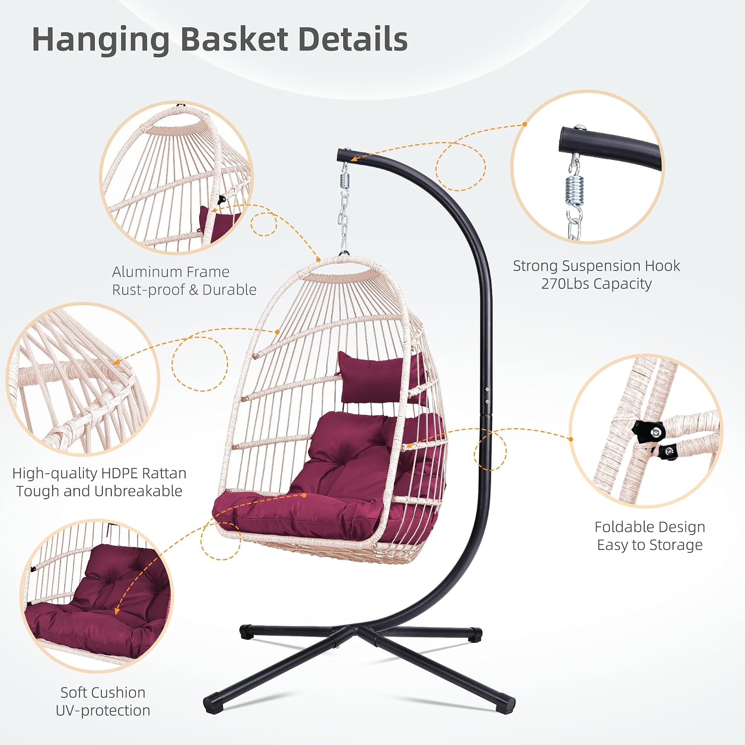 KEIKI Egg Chair with Stand & Cushion, Foldable Rattan Hanging Basket Chair for Indoor & Outdoor, 350LBS Capacity Hammock Swing Chair for Patio, Bedroom, or Balcony, Black & Rose Red