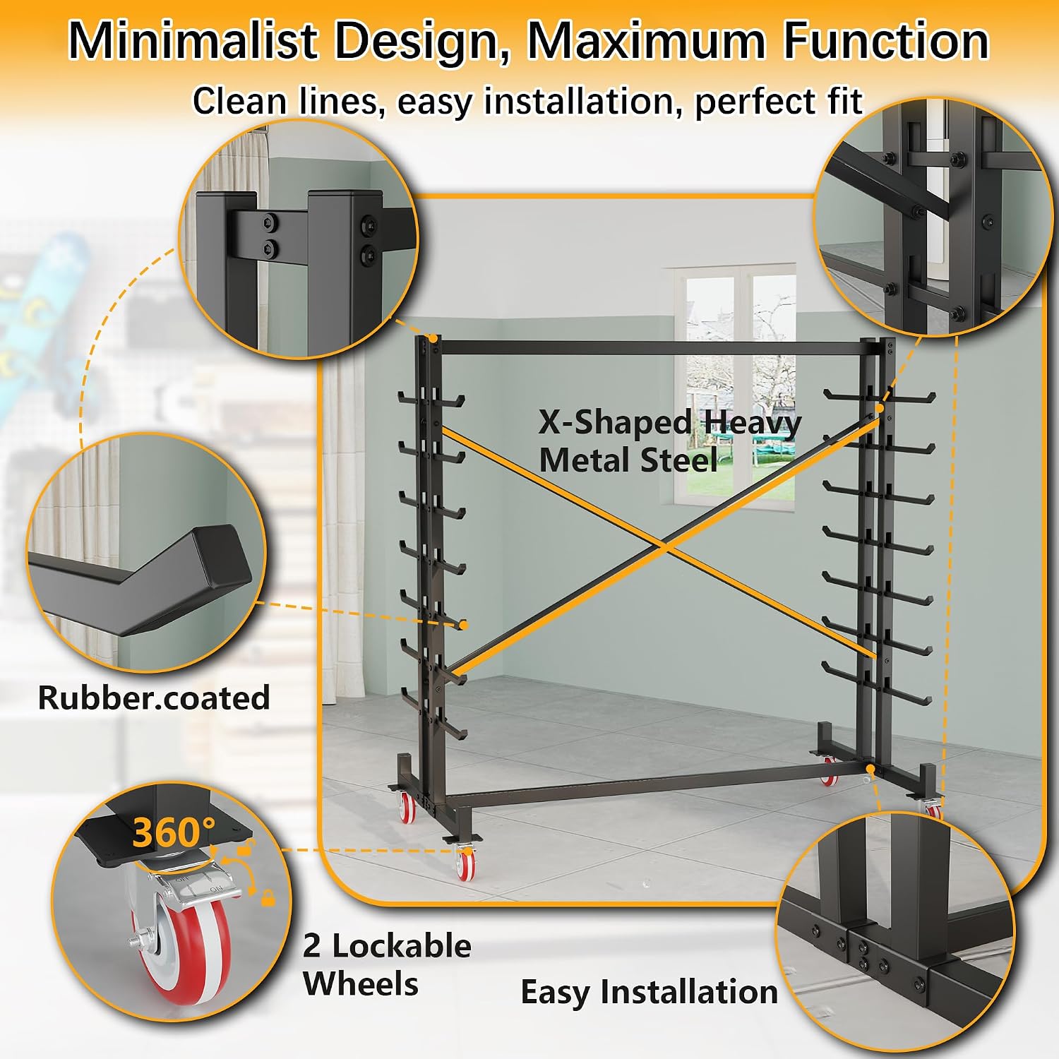 Soywey 7-Tier Steel Horizontal Storage Rack,Detachable Lumber Storage Rack,Load 2000 Lbs Heavy Adjustable Pipe Rack Lumber Organizer Shelf for Garage Workshop Shed Basement Black(With Wheel)