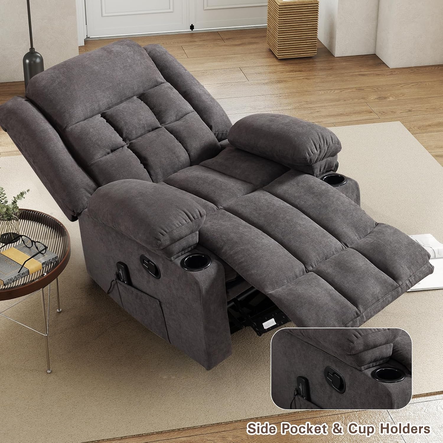 EBELLO Manual Recliner Chair for Adults with Vibration Massage and Lumbar Heating, Soft Fabric Recliner Single Sofa with Side Pocket and Two Cup Holders for Living Room, Set of Grey