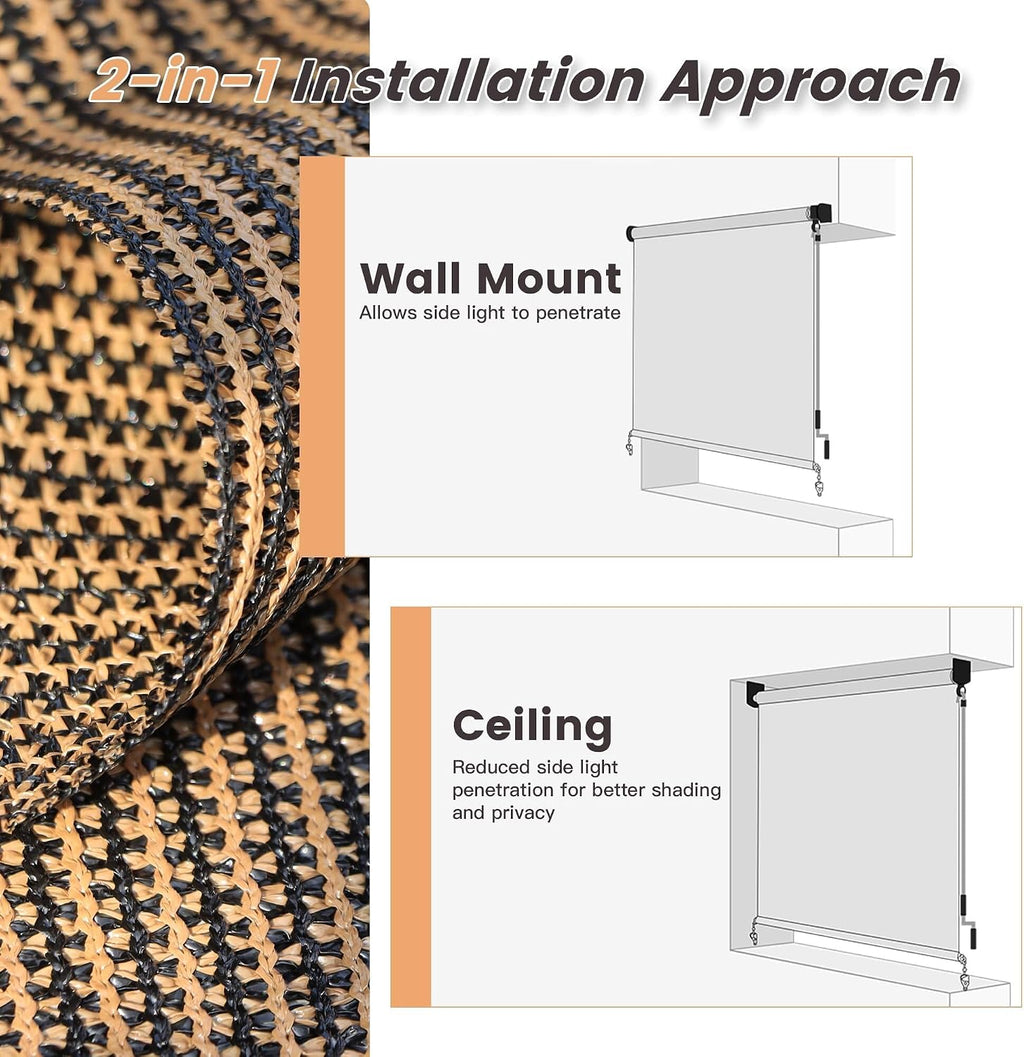 VICLLAX Outdoor Roller Shade (10' W×8' L), Patio Cordless Roller Blinds, Exterior Roll Up Shade with Spliced Design for Patio Porch Gazebo, Mocha