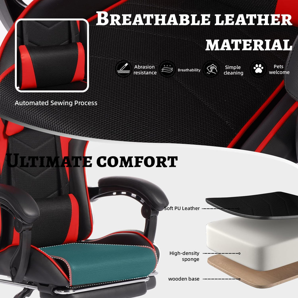 450lbs Big and Tall Gaming Chair with Footrest – Heavy Duty Wide Seat Video Game Chair for Adults, Reclining PU Leather High Back Computer Office Desk Chair with Lumbar Support (Model F, Black+Red)