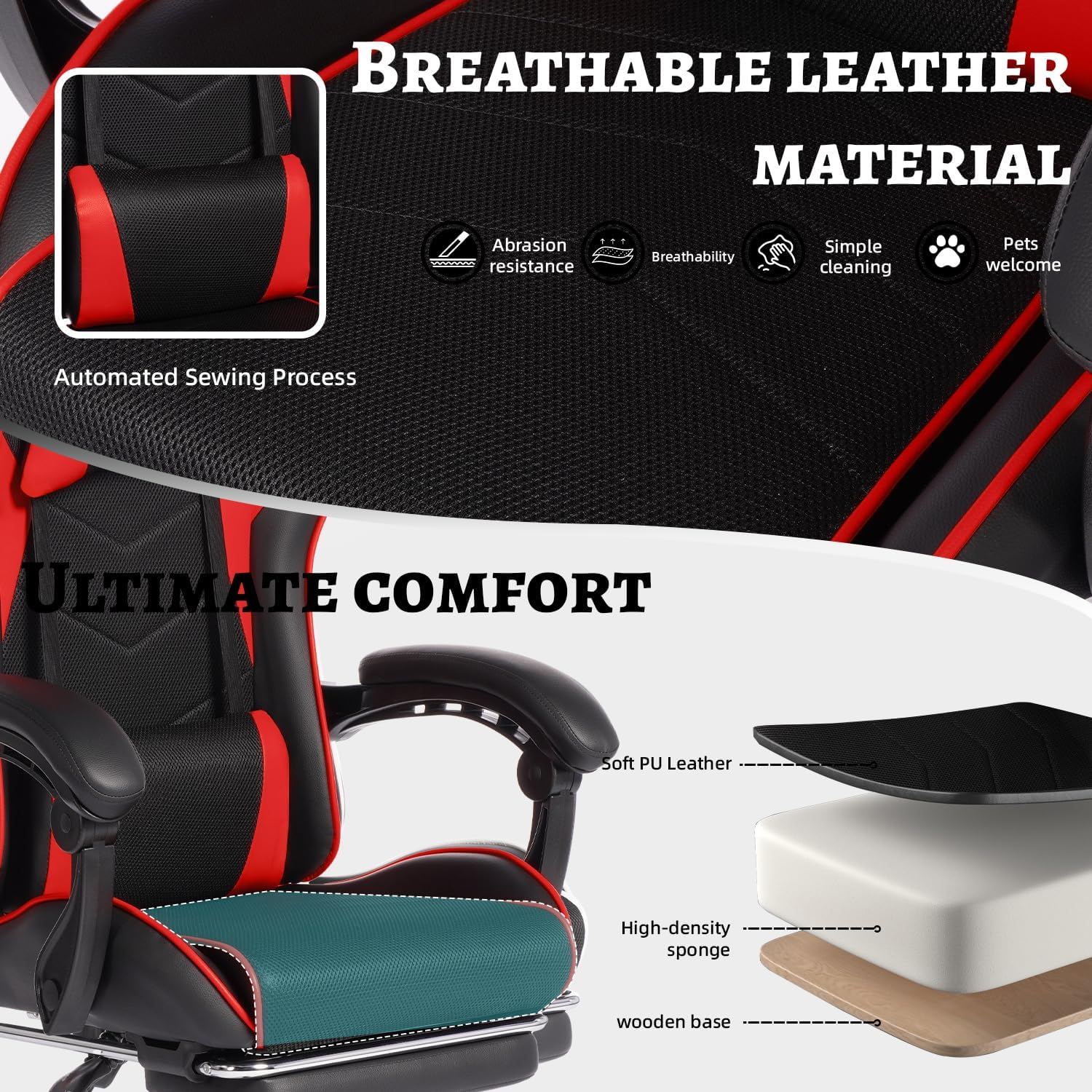 450lbs Big and Tall Gaming Chair with Footrest – Heavy Duty Wide Seat Video Game Chair for Adults, Reclining PU Leather High Back Computer Office Desk Chair with Lumbar Support (Model F, Black+Red)