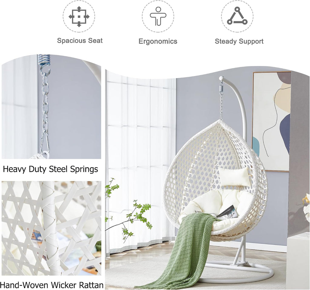 Egg Swing Chair with Stand,White Swing Egg Chair with Stand, Rattan Hanging Egg with Soft Cushion, Outdoor Hanging with Foldable Basket and Metal Stand for Bedroom Patio