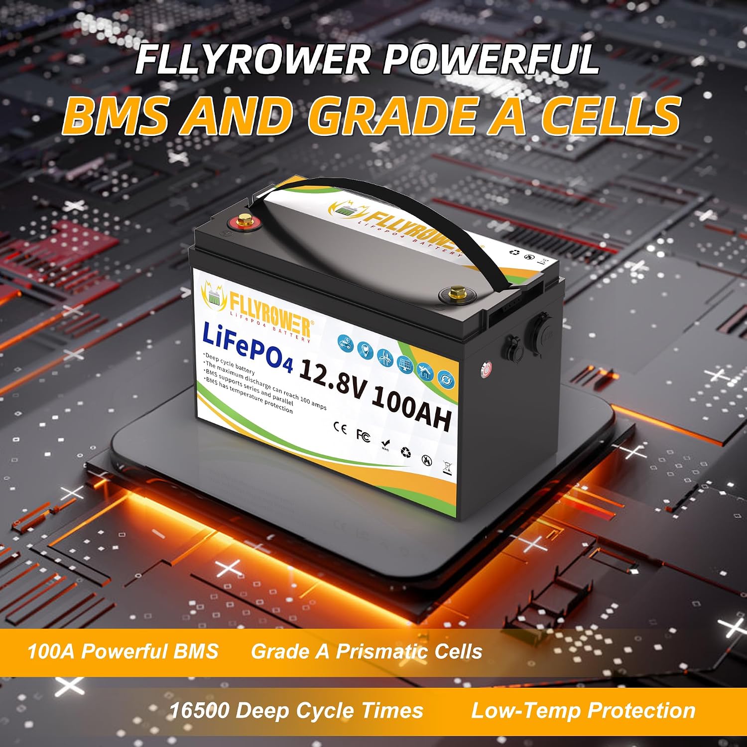 FLLYROWER 12V Lithium Battery 100AH With BMS and 16500 Deep Cycles 12V 100AH Lifepo4 Battery Grade A Cells for Marine Trolling Motor RV camping Solar Golf Cart Off-Grid