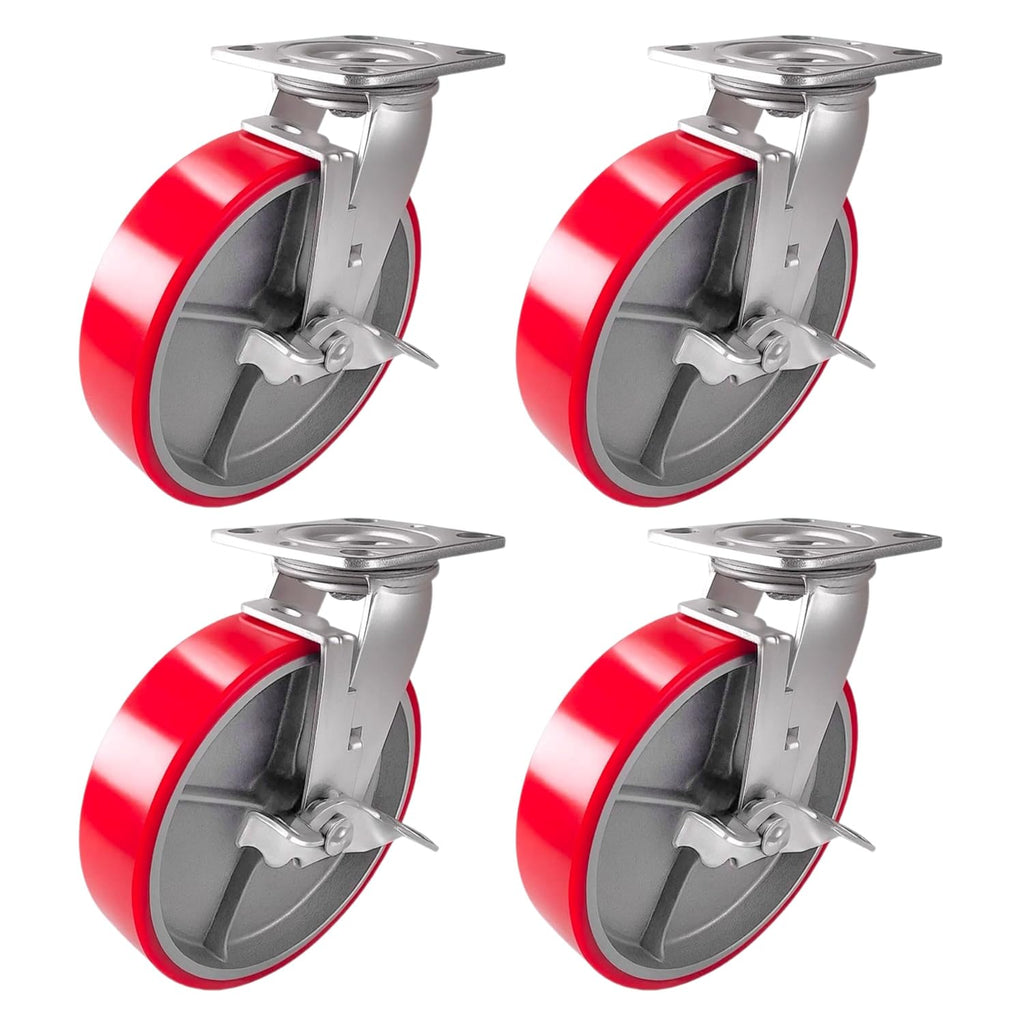 4 Casters Set 8' X 2' Swivel Lock Polyurethane on Cast Iron Wheels No Mark Red (4 Swivel Lock Side Break) for Toolbox or Workbench