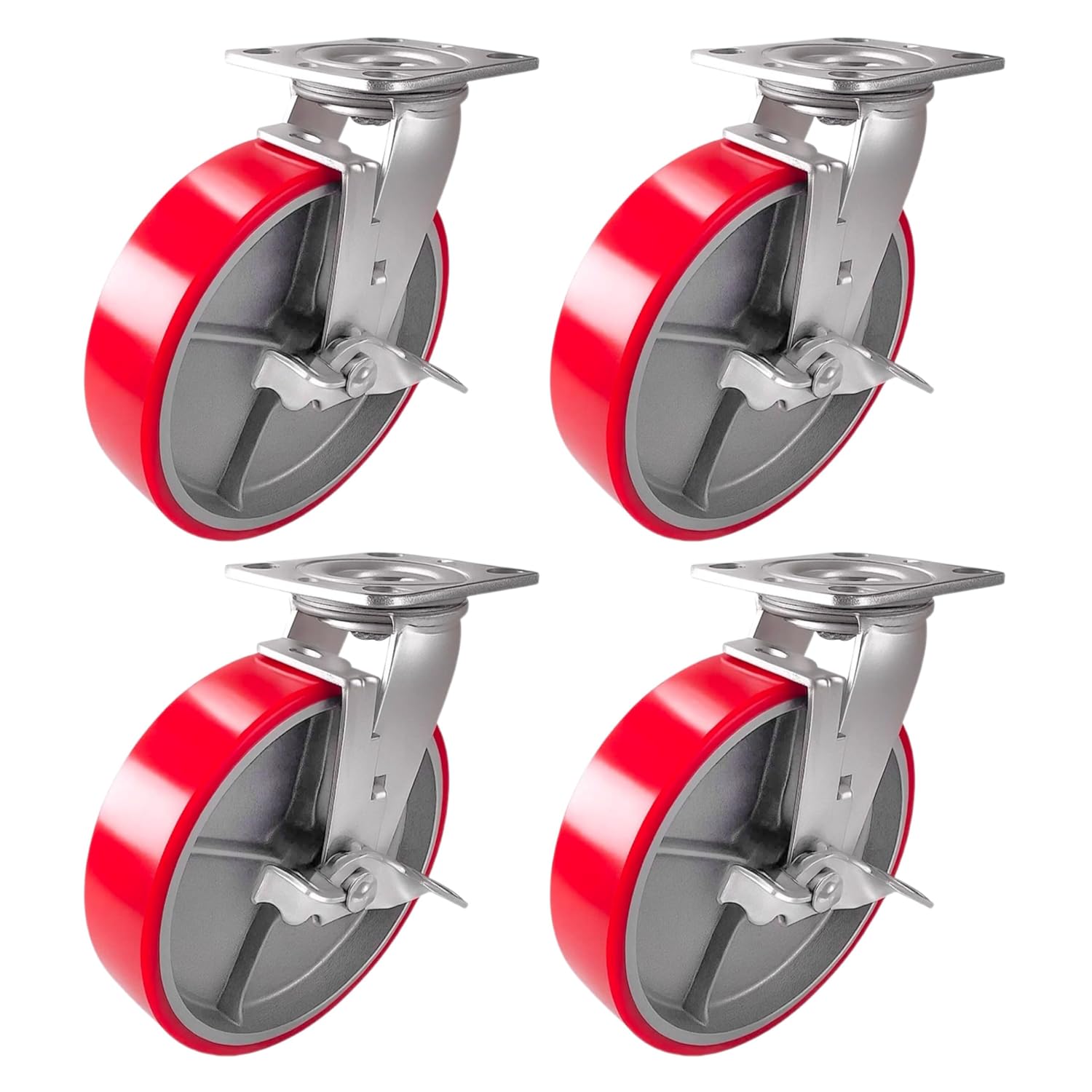 4 Casters Set 8' X 2' Swivel Lock Polyurethane on Cast Iron Wheels No Mark Red (4 Swivel Lock Side Break) for Toolbox or Workbench