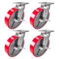 4 Casters Set 8' X 2' Swivel Lock Polyurethane on Cast Iron Wheels No Mark Red (2 Swivel Lock Side Break + 2 Rigid) for Toolbox or Workbench