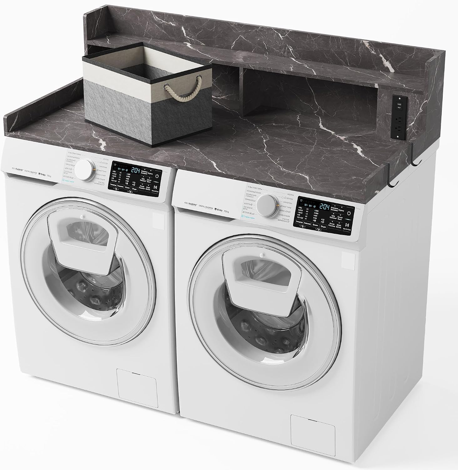 Upgraded 2-Tier Washer and Dryer Countertop with Power Outlet,54' W x 27.6' D Large Laundry Countertop for Fold Clothes, Laundry Topper with Non-Slip Pads & Metal Hooks and Storage Basket