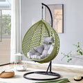 Egg Swing Chair with Stand,Green Swing Egg Chair with Stand, Rattan Hanging Egg with Soft Cushion, Outdoor Hanging with Foldable Basket and Metal Stand for Bedroom Patio