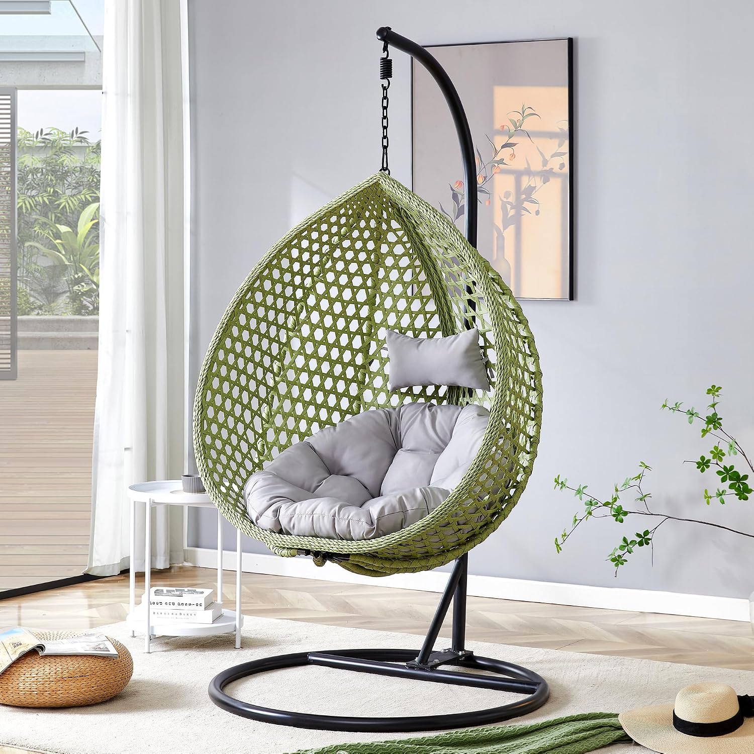 Egg Swing Chair with Stand,Green Swing Egg Chair with Stand, Rattan Hanging Egg with Soft Cushion, Outdoor Hanging with Foldable Basket and Metal Stand for Bedroom Patio
