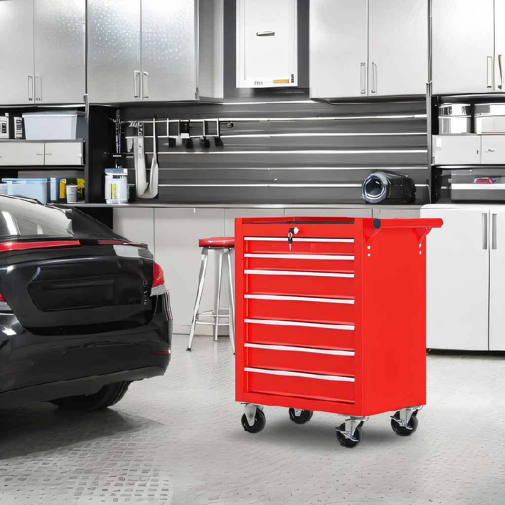 7-Drawer Rolling Tool Chest w/Drawers & Lock, Tool Storage Cabinet with Lockable Wheels, Top Cushion & Drawer Liners, Tool Organizer Box for Garage, Warehouse & Repair Sho