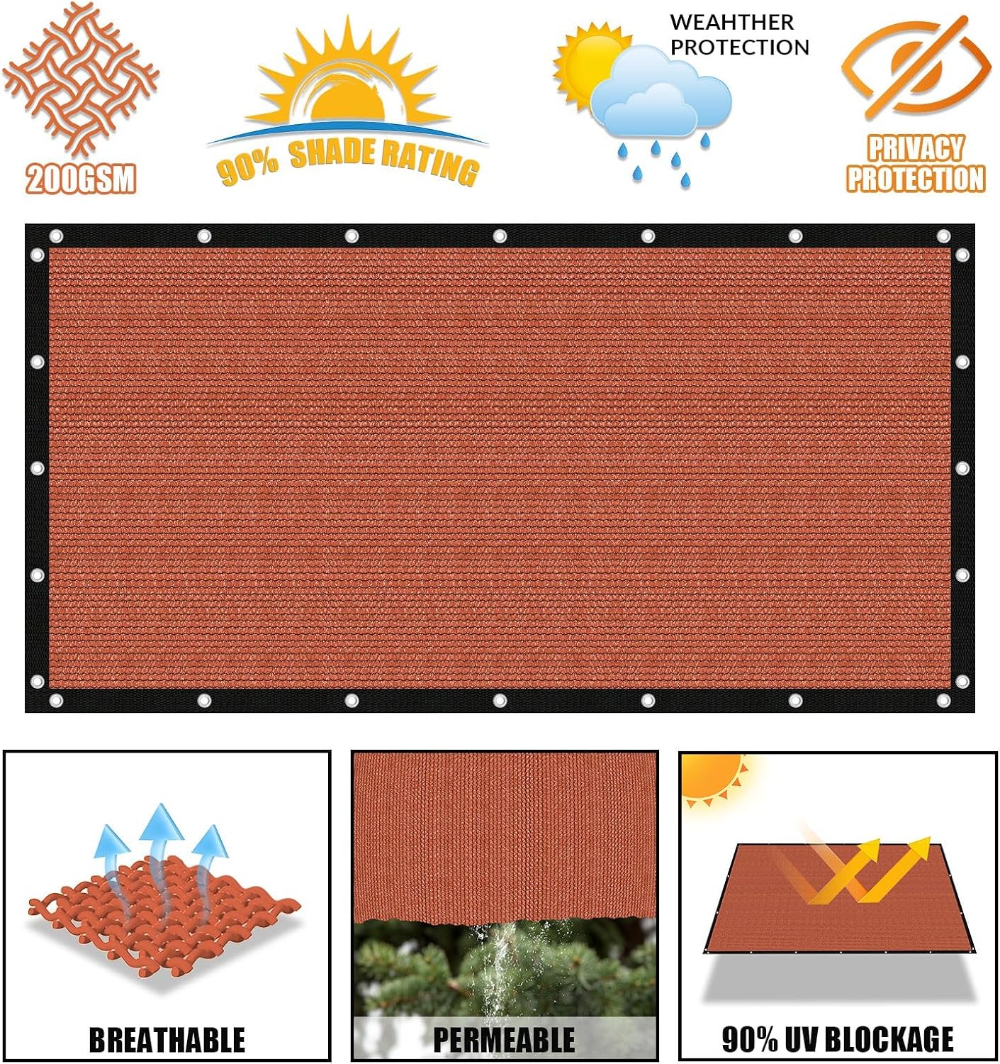 Amagenix 90% Pergola Shade Cover 12' X 20' Rust Red Sun Shade Cloth with Grommets GN07 for Outdoor Garden Patio Porch, Commercial Grade 200 GSM - Cable Zip Ties Included (We Customized)