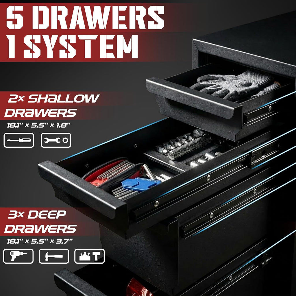 Truck Bed Tool Box with 5-Drawer Slides | Lockable Heavy-Duty Tool Chest Storage for Pickup, Jobsite & Side Trucks | 8-Inch Toolbox with Key (Black Steel)