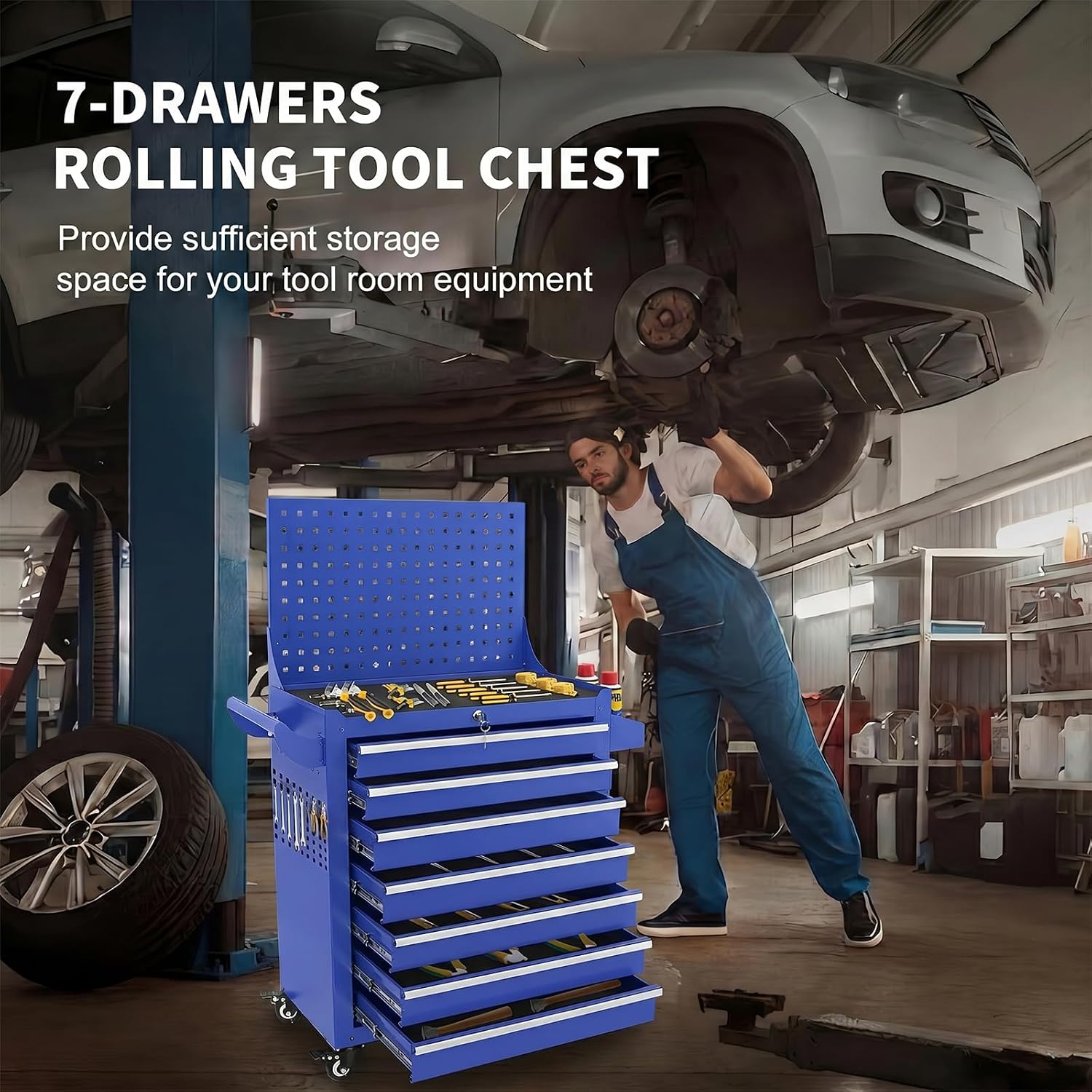 Rolling Tool Chest with Wheels, 7 Drawers Tool Storage Cabinet, Portable Metal Tool Box Organizer with Lock, Tool Cart on Wheels Toolbox Workbench for Garage, Workshop, Warehouse(Required Assembly)
