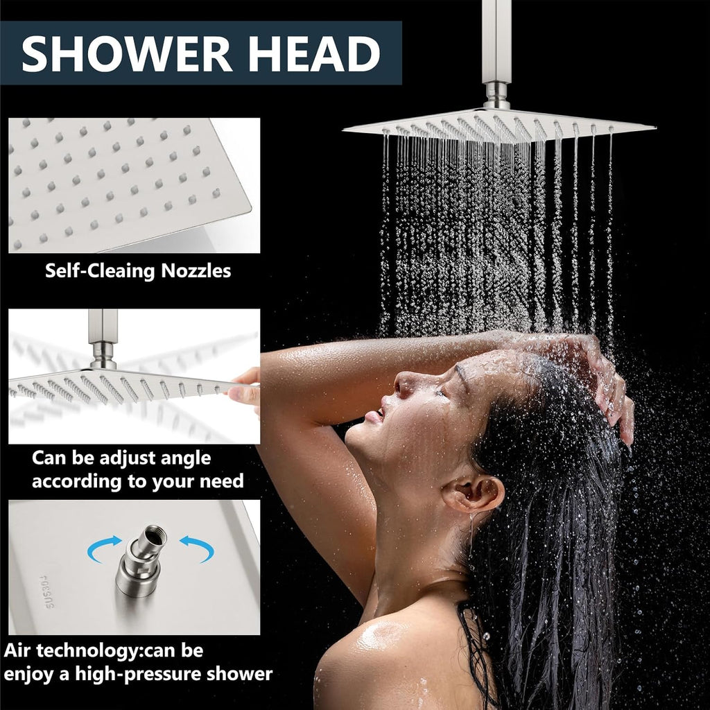 Aolemi Ceiling Mount Shower System Rain Shower Head with Handheld Spray High Pressure Shower Faucet Set Rough-in Valve Shower Trim Kit Included Bathroom Brushed Nickel 8 Inch Ceiling Shower Head