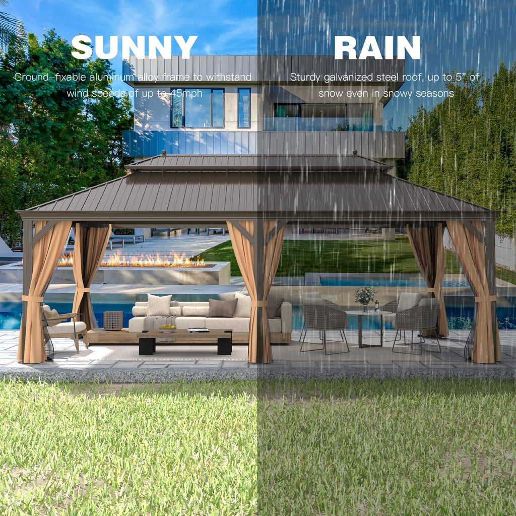 YOLENY 12'x22' Hardtop Gazebo, Galvanized Steel Double Roof Canopy with Aluminum Frame Permanent Metal Pavilion with Netting and Curtains for Patio Backyard Deck and Lawns