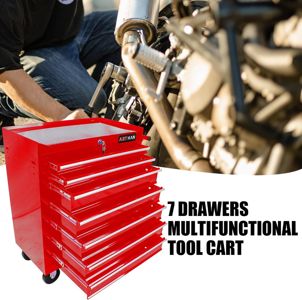 7-Drawers Multifunctional Tool Boxes on Wheels, Lockable 4' Casters Tool Cart Cabinet, Powder-coated Steel Rolling Tool Chest with Key for Garage, Warehouse, Repair Shop, 231LBS Capacity - Red