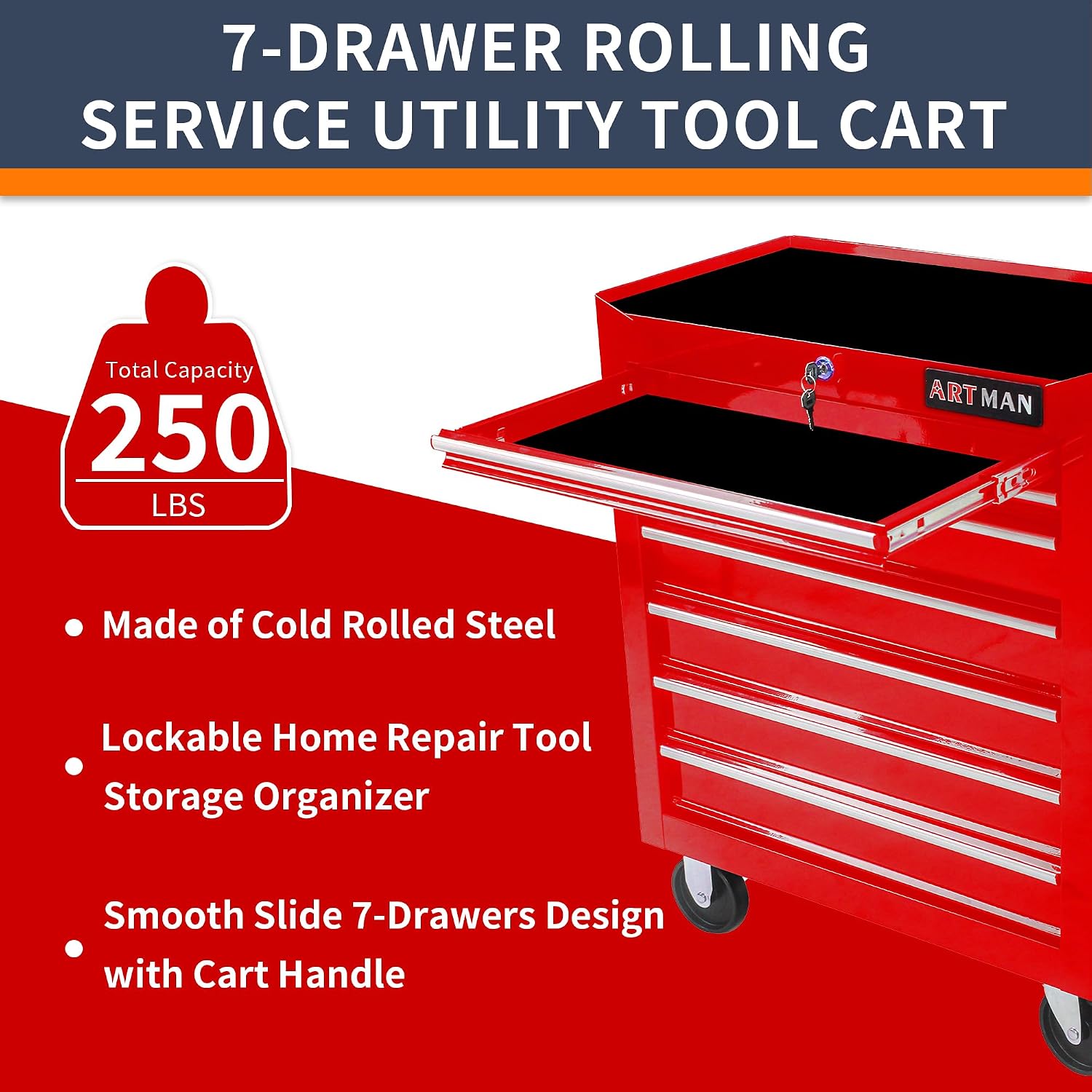Larmliss 7-Drawer Rolling Tool Cart, Lockable Home Repair Tool Storage Organizer, Tool Box on Wheels,Tool Chest Cabinet for Mechanic, Garage