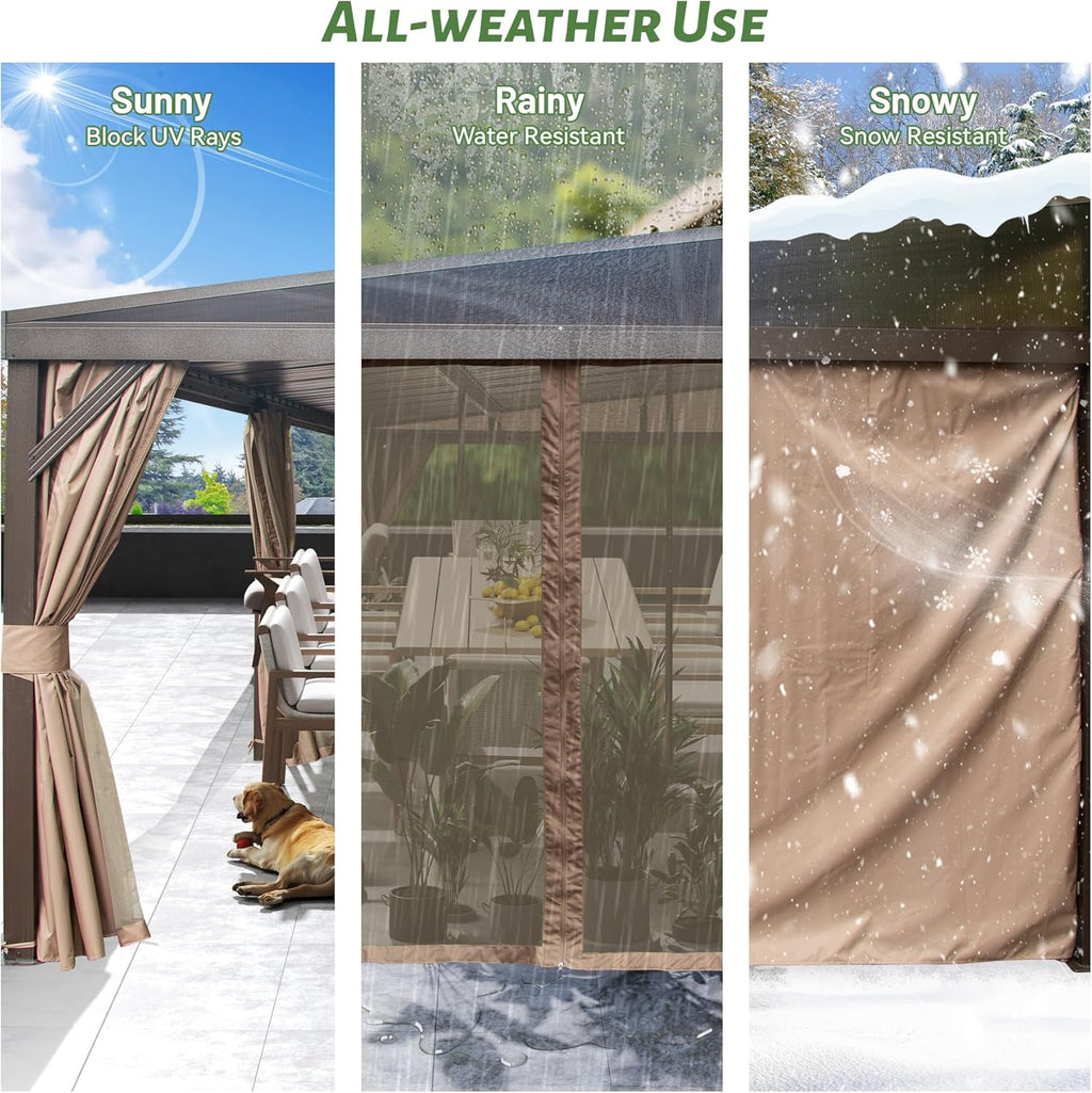 Domi 12' x 20' Lean to Gazebo with Aluminum Frame, Wall Mounted Gazebo Hardtop Galvanized Steel Sloping Roof with Curtains and Netting for Patio Deck Backyard Lawn Party