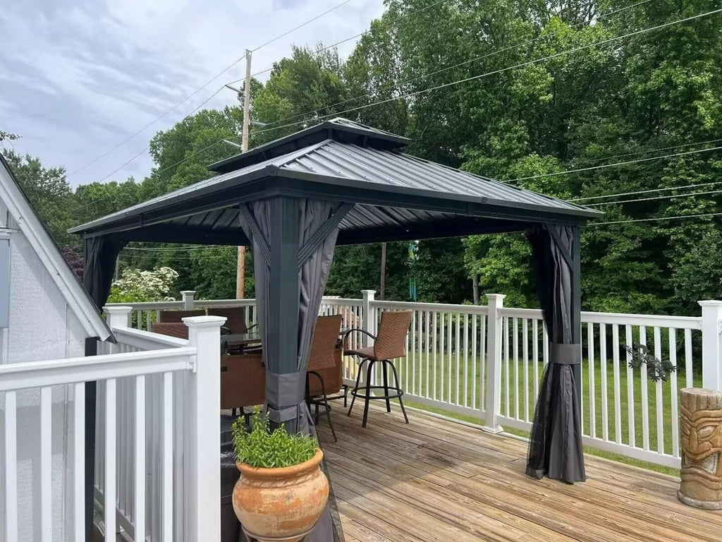 Domi 8' X 10' Hardtop Gazebo Canopy with Netting & Curtains, Outdoor Metal Gazebo with Galvanized Steel Double Roof for Patio Lawn and Garden, Gray