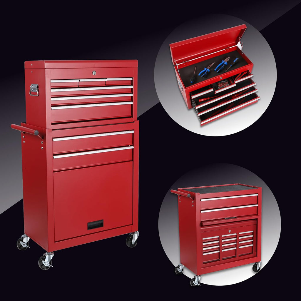 Tool Chest, 8-Drawer Rolling Tool Storage Cabinet with 2 in 1 Detachable Top Tool Box, Liner, Lockable Wheels, Side Hooks,Metal Tool Cart for Garage (8-Drawer Red)