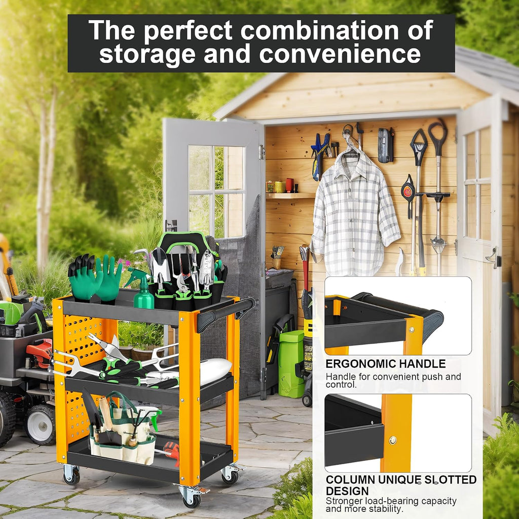 3 Tier Rolling Tool Cart on Wheels, Mechanic Storage Organizer, Rolling Work Cart with Pegboard for Garage, Workshop, Warehouse (Black&Yellow)