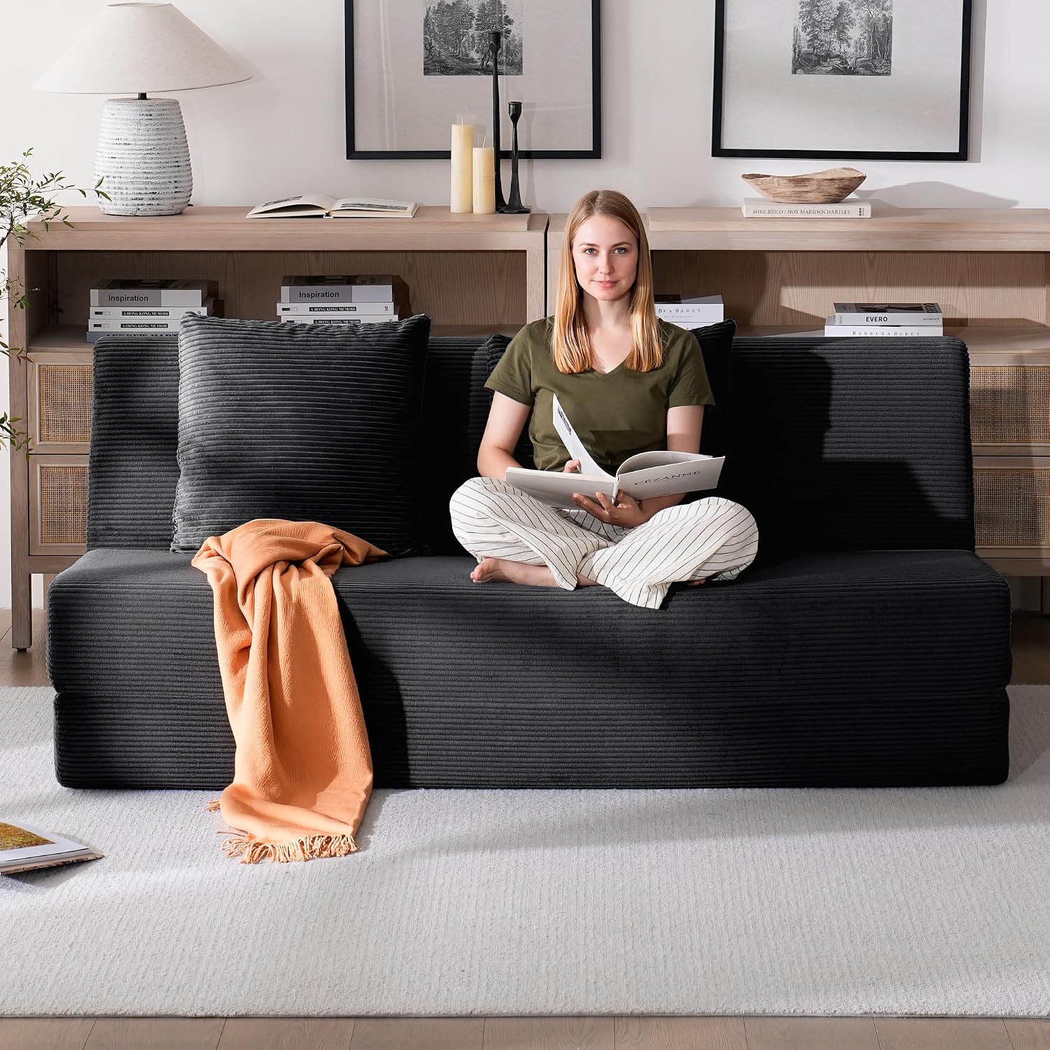Folding Sofa Bed, Convertible Sleeper Chair with Pillows, High Support Memory Foam & Soft Corduroy Fbric, Comfy Couch Bed, Floor Loveseat Couch for Living Room, Apartment, Guest Room,Black