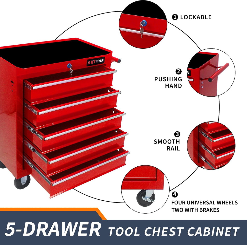 5 Drawers Rolling Tool Box，Tool Chest on Wheels, Lockable Tool Storage Cabinet Organizer Cabinet for Garage, Warehouse, Repair Shop, Workshop