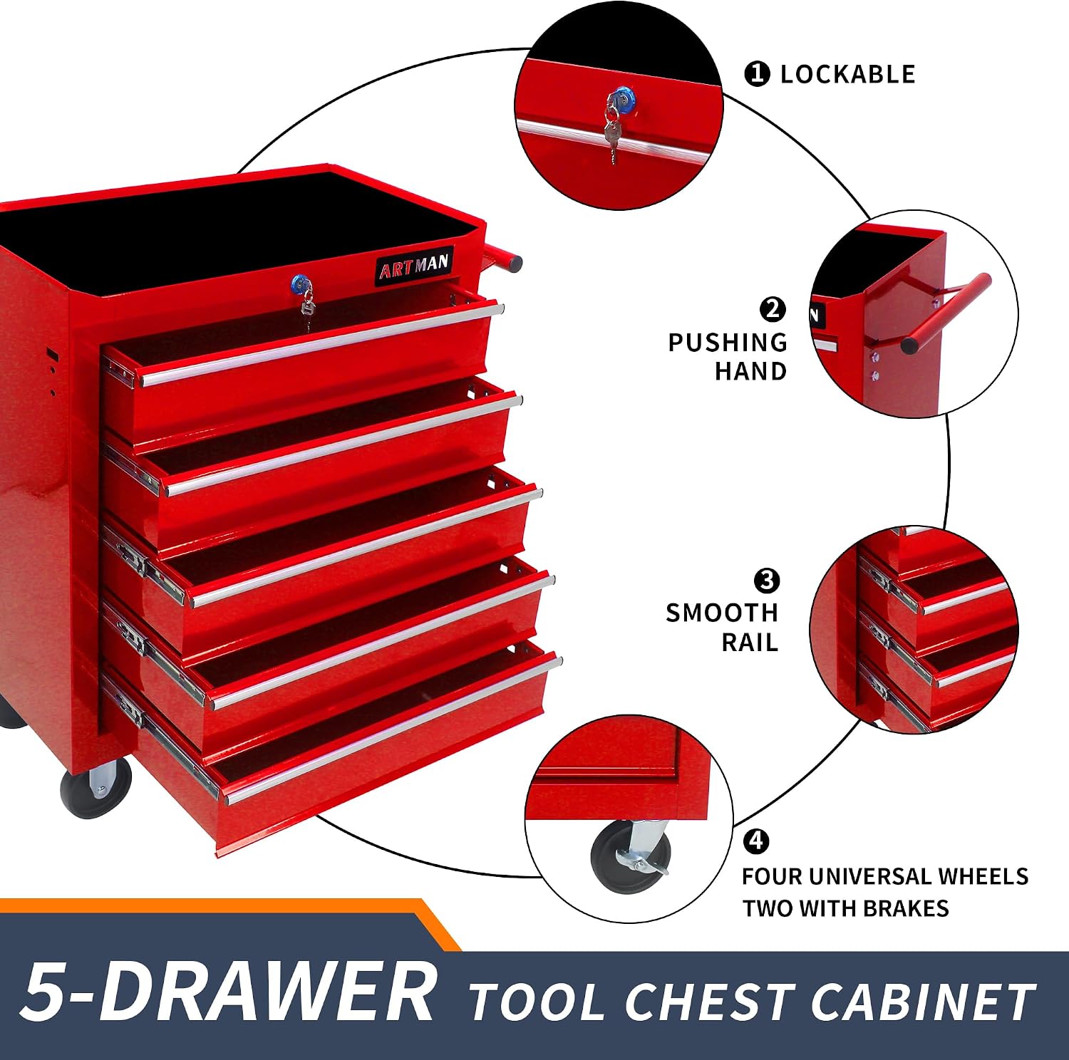 5 Drawers Rolling Tool Box，Tool Chest on Wheels, Lockable Tool Storage Cabinet Organizer Cabinet for Garage, Warehouse, Repair Shop, Workshop