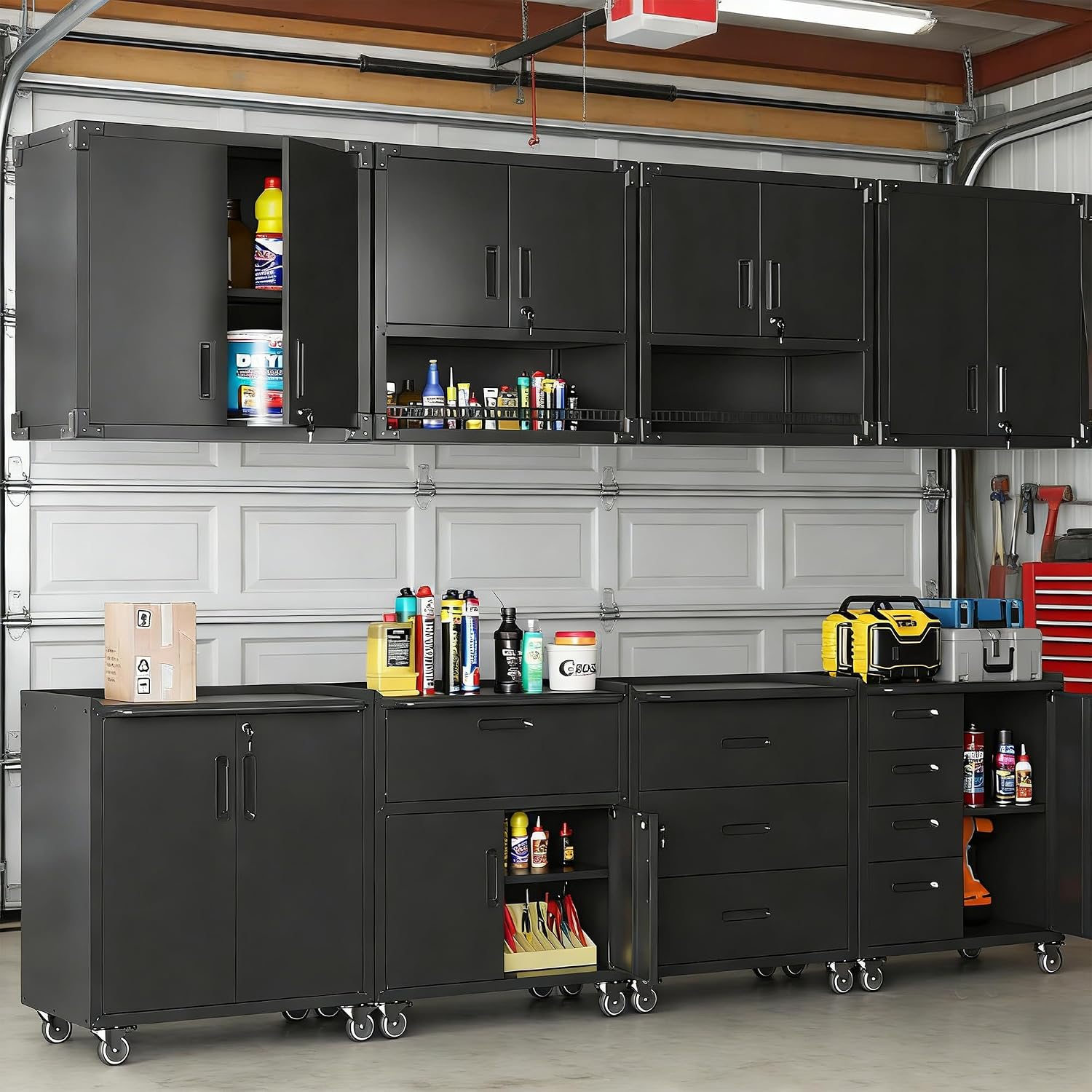 Metal Garage Wall Cabinet with Lock, Wall Mounted Metal Storage Cabinets with Doors and Shelf, Lockable Floating Tool Storage for Garage Basement Utility Room