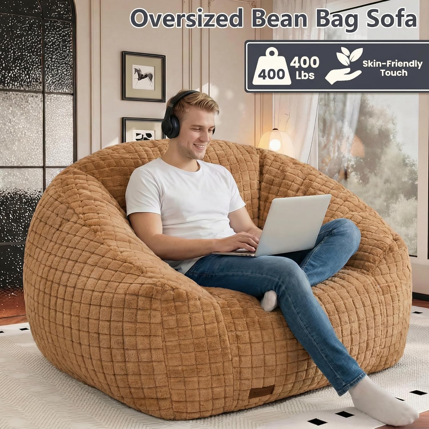 Bean Bag Chairs for Adults, Giant Beanbag Sofa Comfy Reading Chair, Oversized Bean Bag Chairs for Living Room Bedroom, Soft Faux Fur Fabric, 3.2FT, Khaki, Checkered