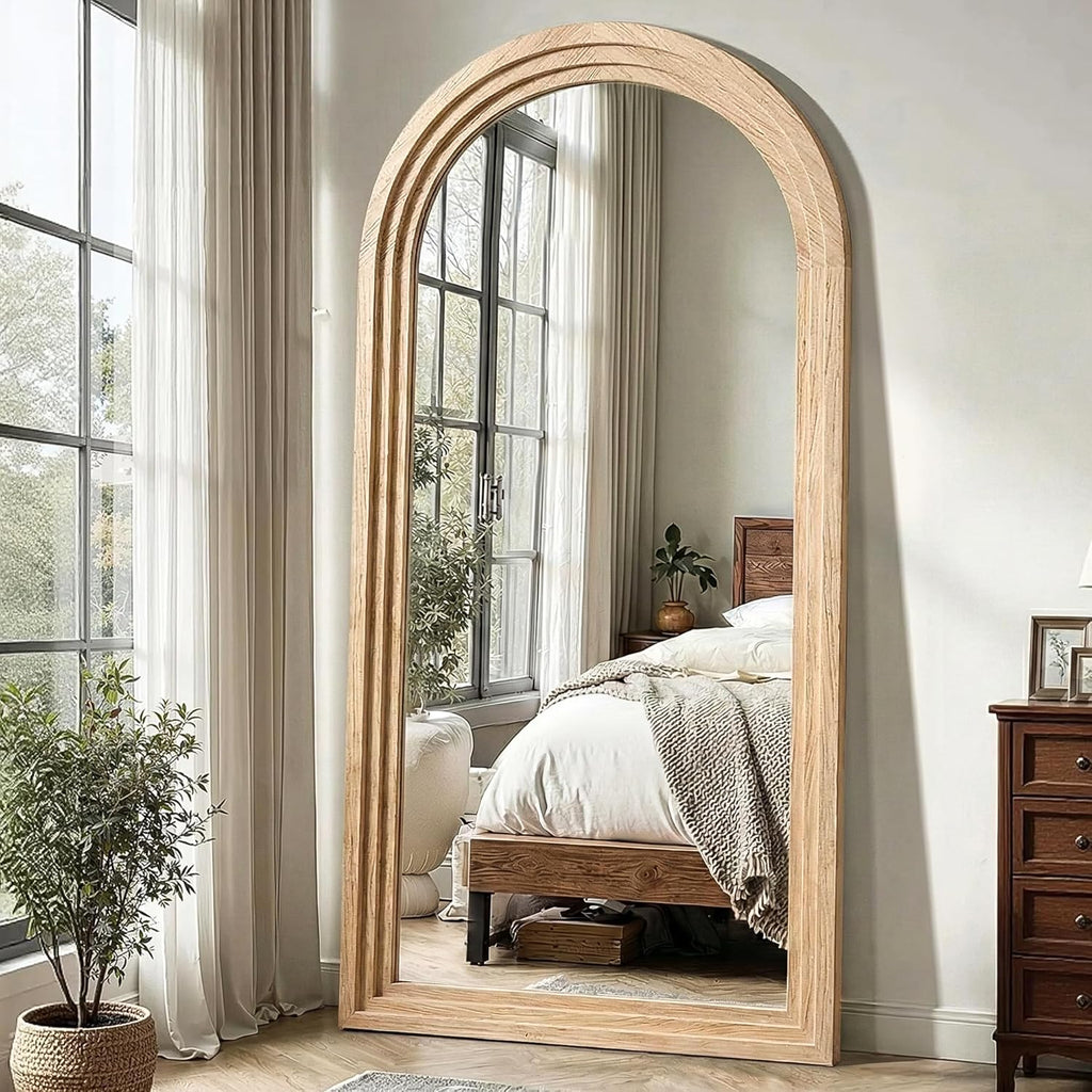 Delma Arched Full Length Floor Mirror with Stand, 75x35 Rustic Farmhouse Solid Wood Frame Wall Mirror for Bedroom, Living Room, Vertical Hanging & Standing(Natural)