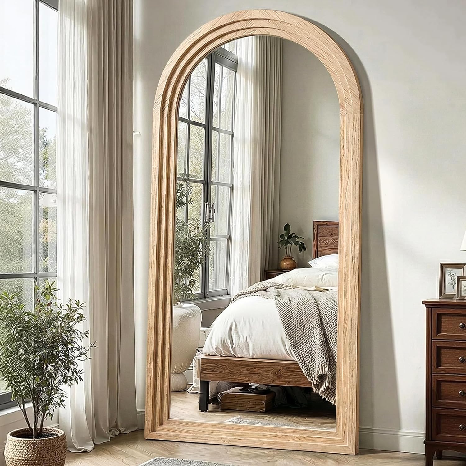 Delma Arched Full Length Floor Mirror with Stand, 75x35 Rustic Farmhouse Solid Wood Frame Wall Mirror for Bedroom, Living Room, Vertical Hanging & Standing(Natural)