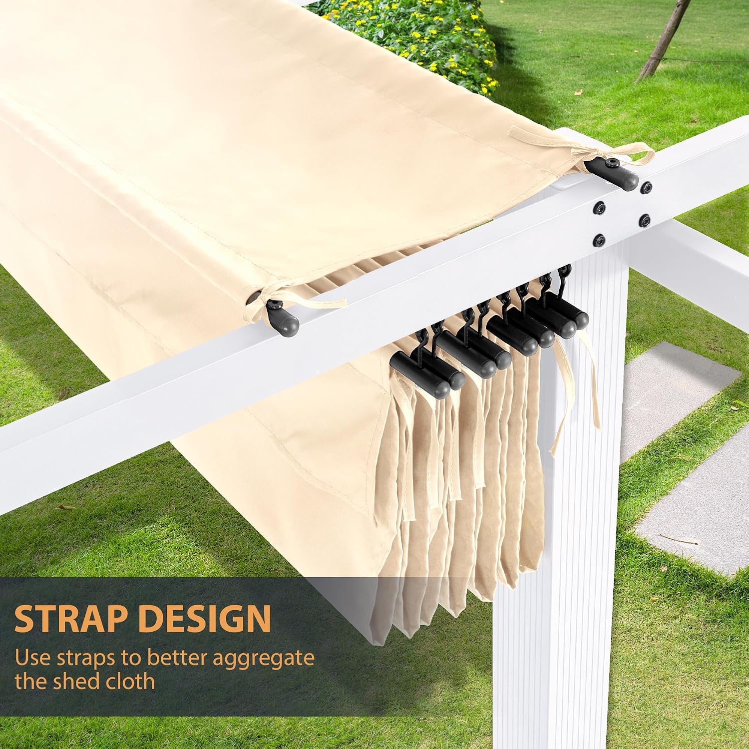 HAPPATIO 10' X 13' Pergola Retractable Canopy with White Frame for Backyards, Gardens, Patios, Outdoor Pergola with Sun Shade Canopy (Beige)