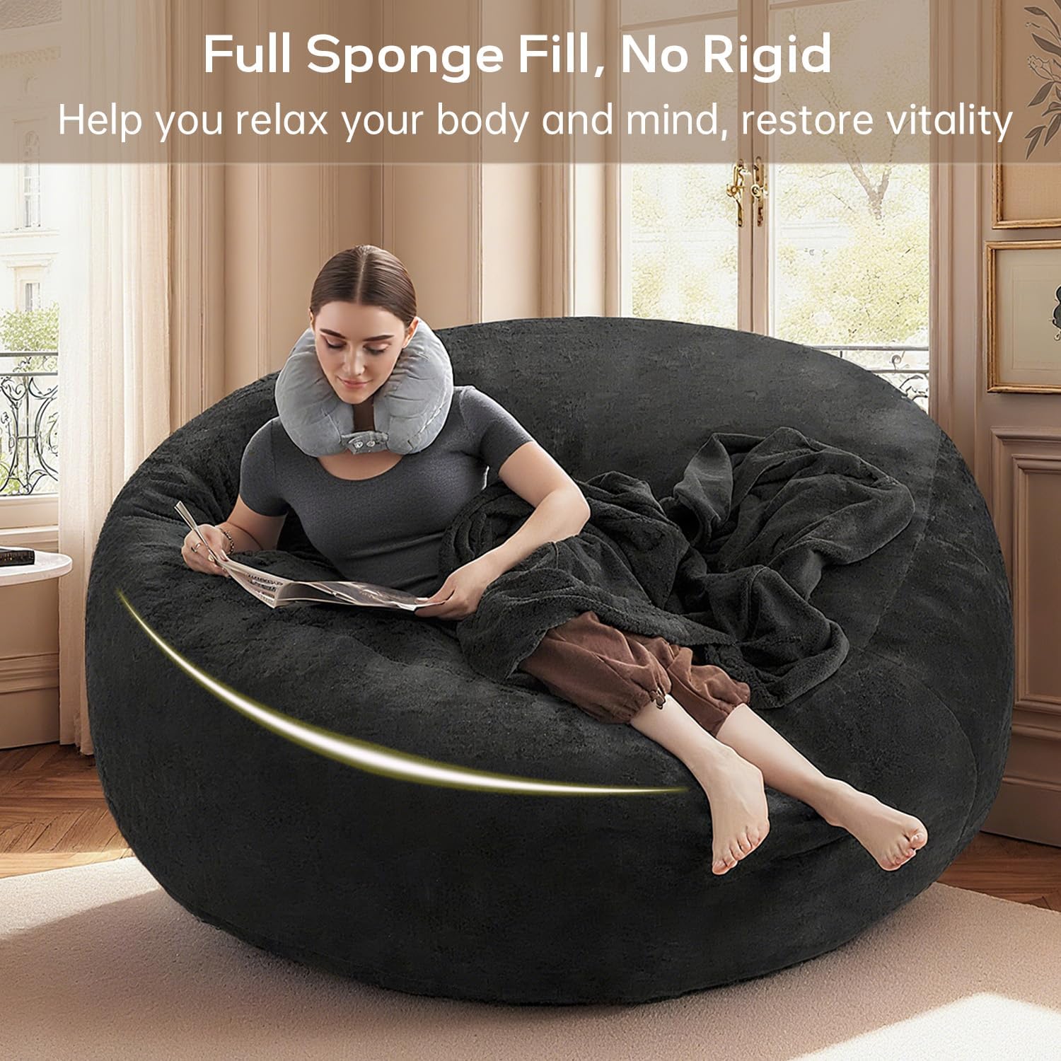 5FT,Big Bean Bag Chairs for Adults，Bag with Filler Included，Comfortable and Soft Plush ，Memory Foam Bean Bag,Oversized Bean Bag,Read Chair Suitable for Living Room and Bedroom (Black, 5 Foot)