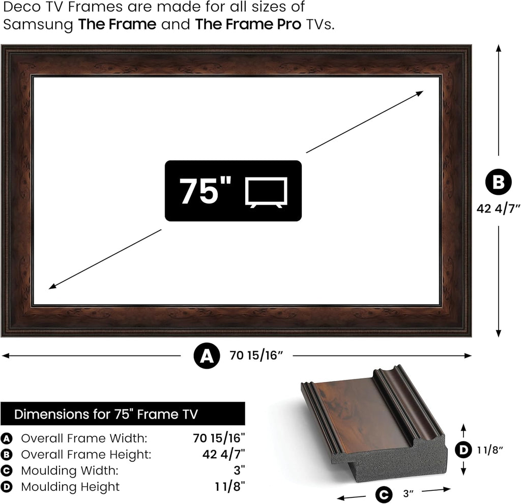 Burlwood 75' Premiere Deco TV Frame - Compatible ONLY with Samsung The Frame TV and Pro TVs (Fits 2021-2026, LS03A, LS03B,LS03C,LS03D,LS03FA,LS03FW)