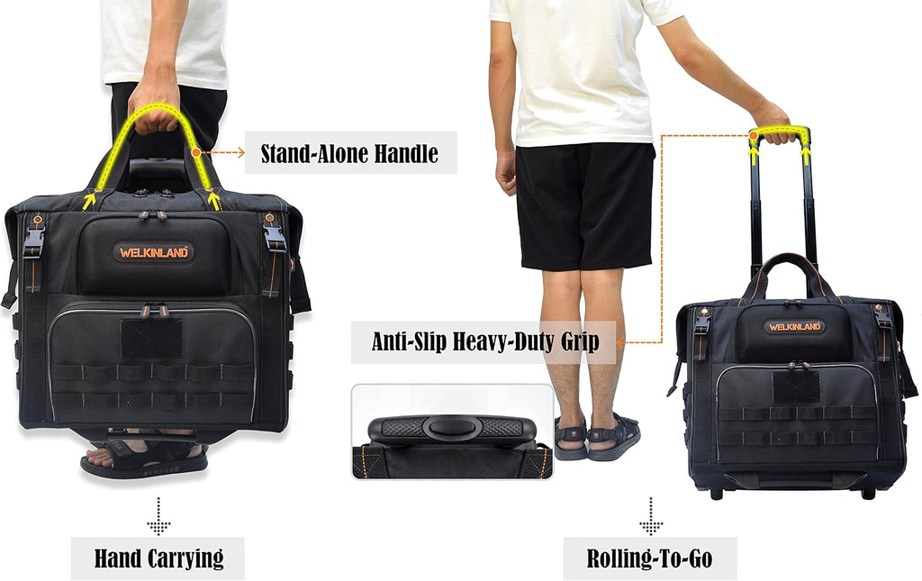 WELKINLAND 46Pockets-26' Rolling tool bag, Tools bag with wheels, Rolling tote bag, Tool tote, HVAC tools bags, Electrician tool bag, Tool bag organizer, Tool bags for men