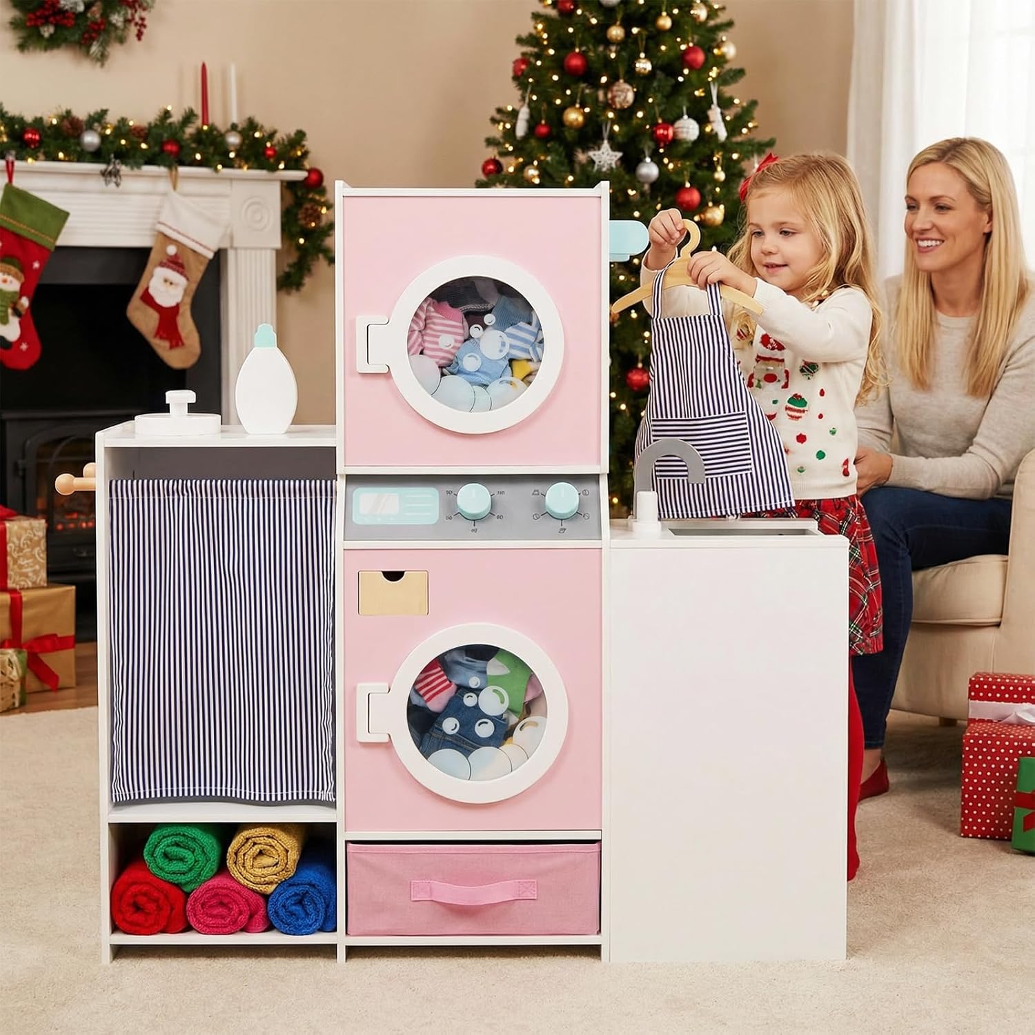 Costzon Kids Washer and Dryer Playset, Toddler Wooden Pretend Laundry Play Set w/Laundry Detergent Bottle, Iron, Hangers & Fabric Drawer, Realistic Laundry Room, Ideal Gift for Boys & Girls 3+