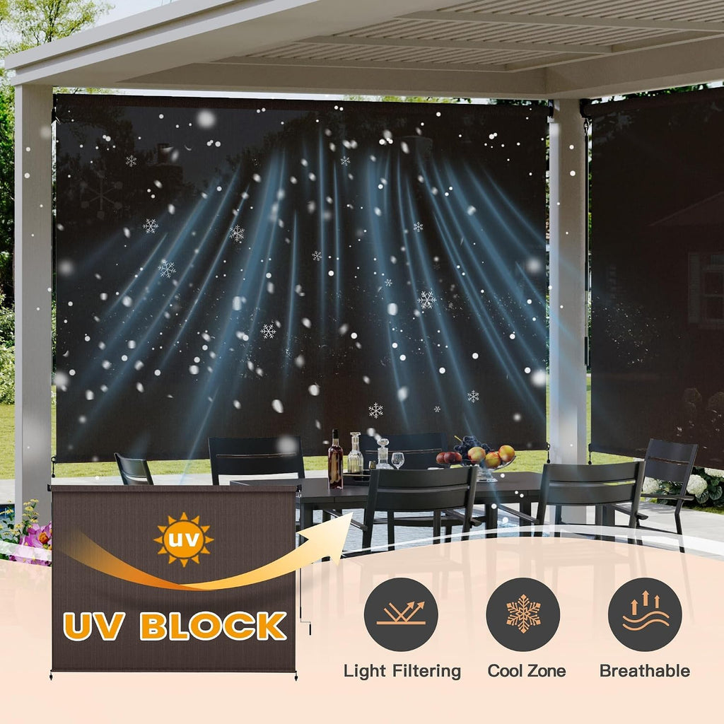 VICLLAX Outdoor Roller Shade (120' W×96' L), Patio Cordless Roller Blinds, Exterior Roll Up Shade with Spliced Design for Patio Porch Gazebo, Chocolate