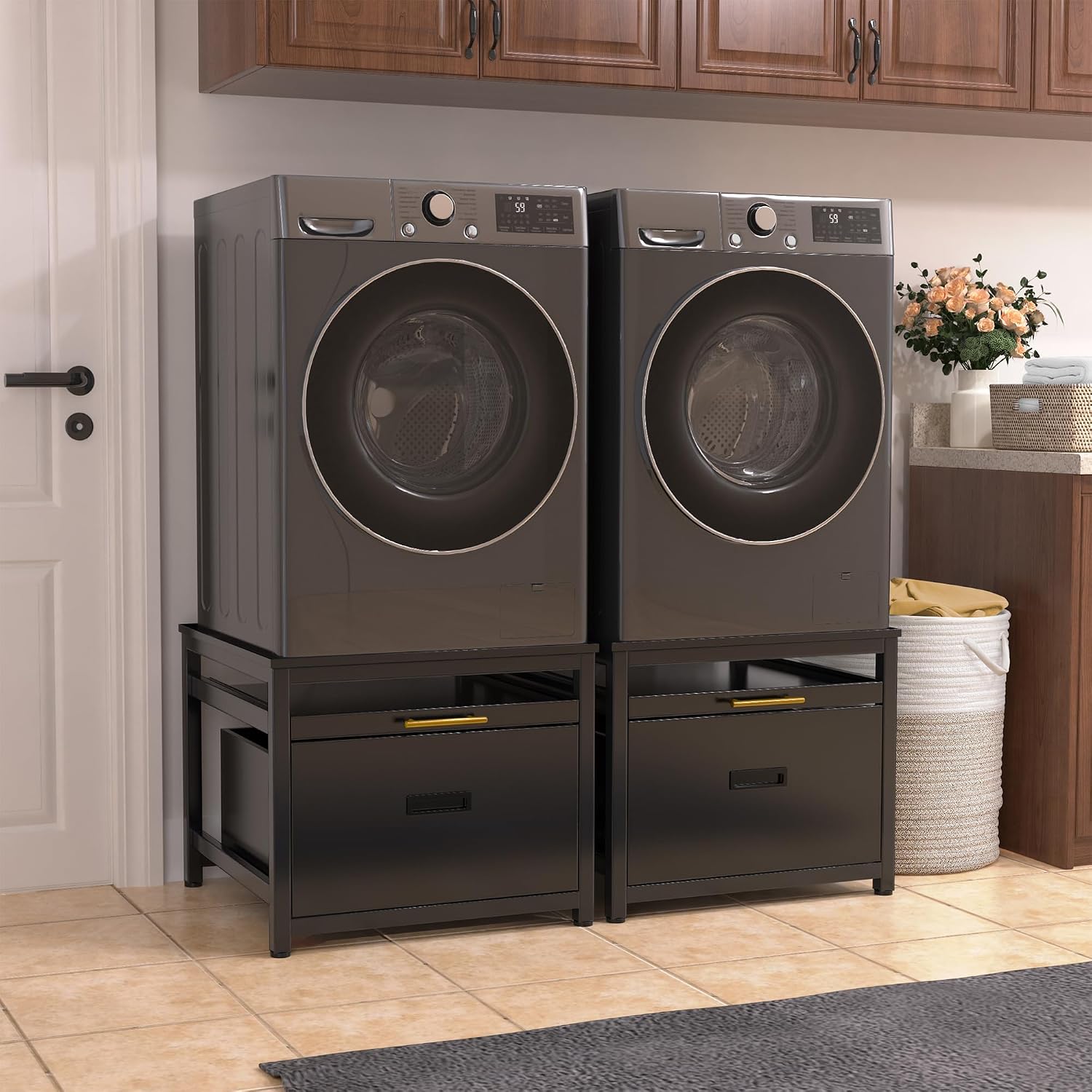 GDLF Washer Dryer Pedestal, 24.1' Laundry Pedestal for Compact Washing Machine, Washer and Dryer Stand with Shelf and Base Storage