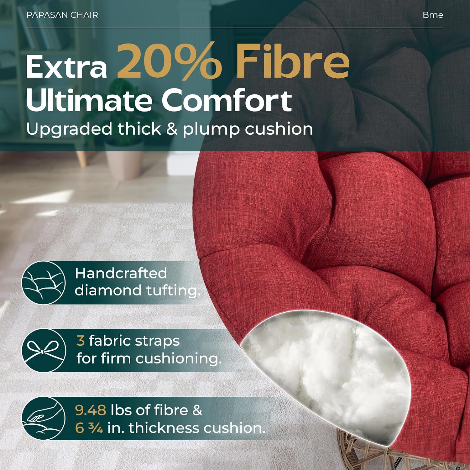 Bme 40' Ergonomic Wicker Papasan Chair with Soft Thick Density Fabric Cushion, High Capacity Steel Frame, 360 Degree Swivel for Living, Bedroom, Reading Room, Lounge, Cherry Sangria-Brown Base