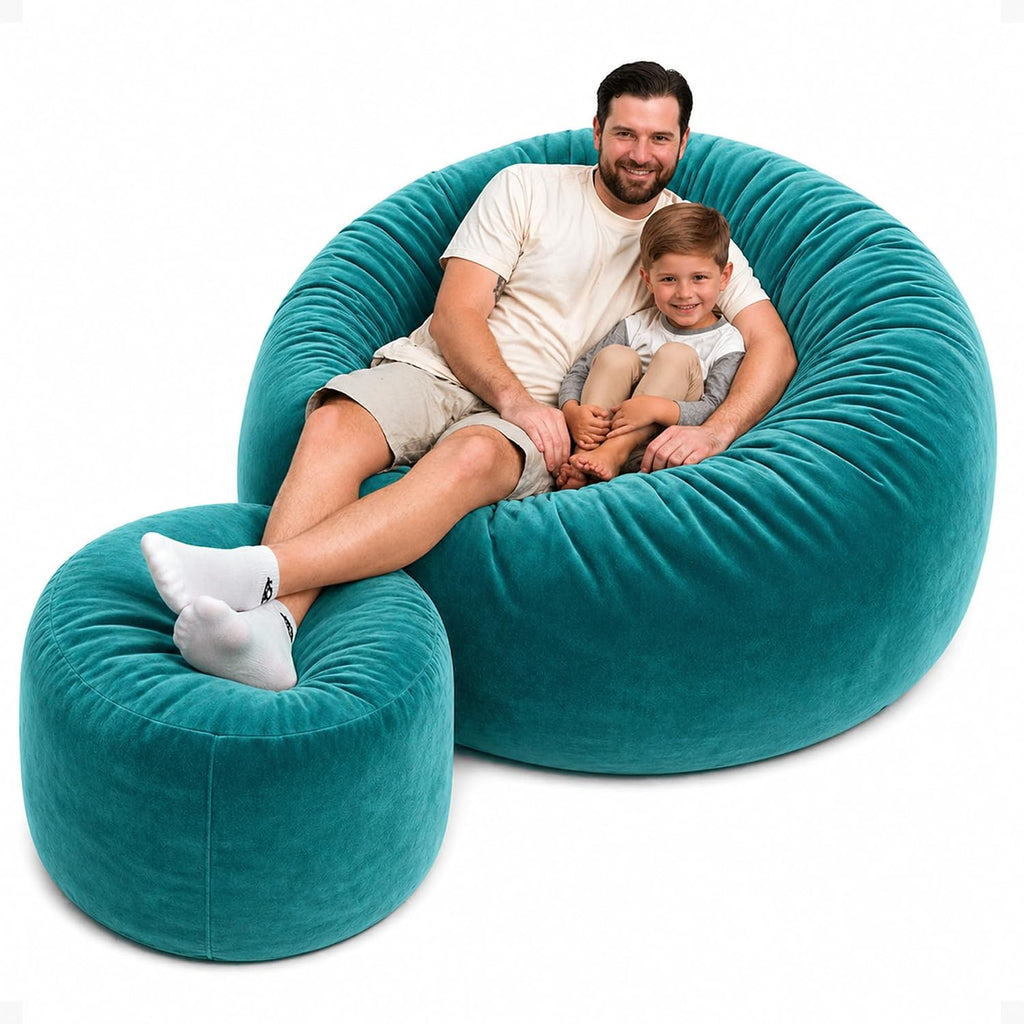 ULTIMATE SACK 5000 5-Foot Bean Bag Chair with Footstool, Teal Suede Cover – Oversized Foam Lounger, Floor Seat, Small Sofa, or Couch Bed for Living Area, Gaming Room, or Reading Lounge