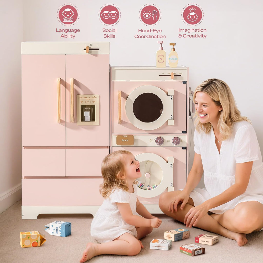 ROBOTIME Wooden Kids Play Kitchen – 4-in-1 Toddler Play Kitchen Set with Fridge, Washer & Dishwasher – Wooden Corner Cooking Playset for Boys & Girls Ages 3+