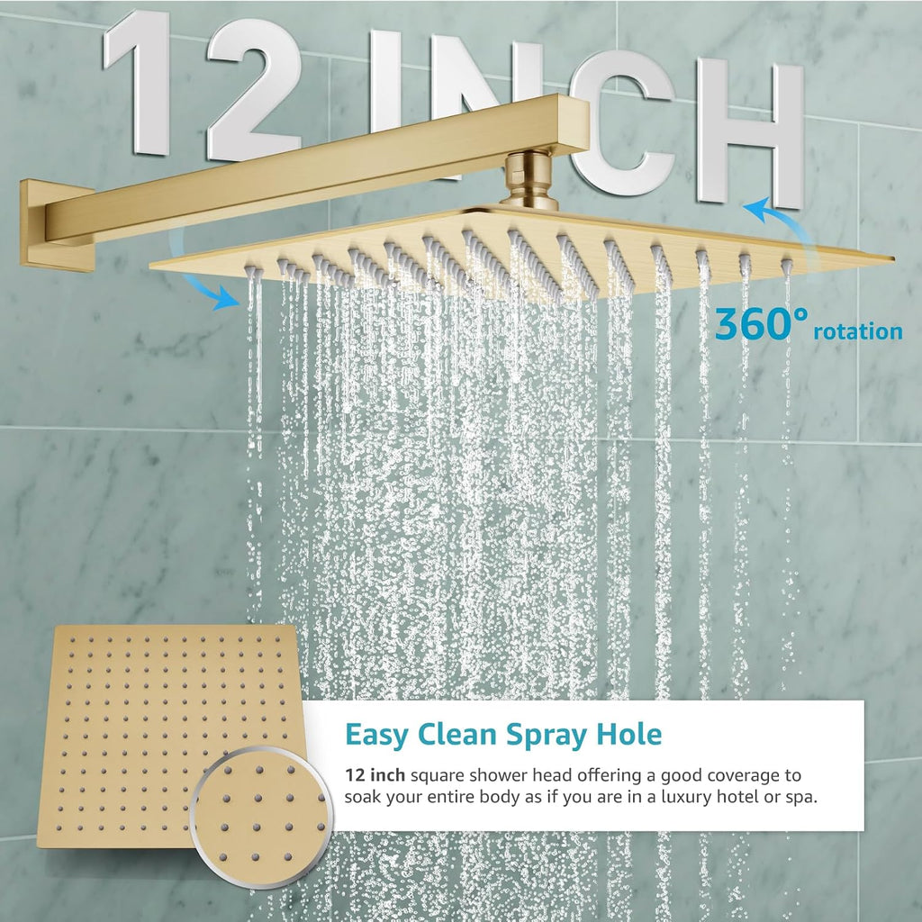 gotonovo Rainfall Bathroom Shower System Rain Shower Head and Handle Set Wall Mounted Shower Complete Combo Solid Brass Pressure Balancing Shower Mixer Valve 12 Inch Brushed Gold